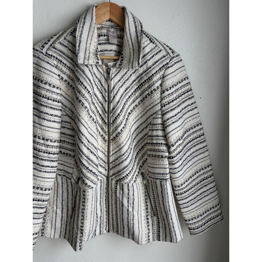 Chico's Sophisticated Tweed Jacket Zip Front Striped Multi Size 2 Large XL NEW - Picture 5 of 9